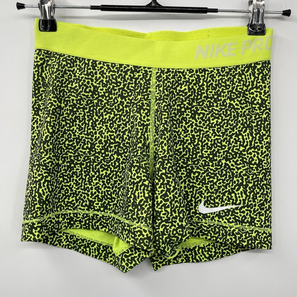 Nike M Pro Shorts Womens Neon Yellow Black Leopard Print Dri-FIT Athletic 3 in
